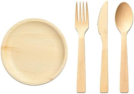 Bamboo Cutlery Set - Wooden Utensils for Eating - Disposable Wooden Cutlery set of 8 (2 Forks 2 Spoons 2 Knives 2 Plates) Bamboo Disposable Utensils - ECO Friendly Compostable Utensil for Party by PersonalizedTouchMakingYourMomentsMeanSoMuch