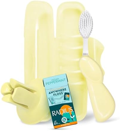 RADIUS Vacation Pastel Bundle, Includes Right Handed Big Brush, Toothbrush Travel Case, DOC Toothbrush Holder, Anywhere Travel Floss Packette, Lemon Meringue Yellow, 4 Piece Bundle by RADIUSCorporation