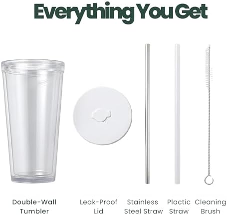 Reusable Iced Coffee Cup with Lid and Straw, 24 oz/Venti, BPA-Free Double-Wall Insulated Plastic Tumbler for Cold Drinks, Includes Clear Plastic Straw, Stainless Steel Straw and Cleaning Brush, White - Image 6