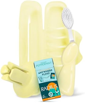 RADIUS Vacation Pastel Bundle – 4 Pc Set, Left-Handed Big Brush w/Replaceable Head, Travel Case, DOC Holder & Anywhere Floss Packette, Travel-Friendly Oral Care, Lemon Meringue Yellow by RADIUSCorporation