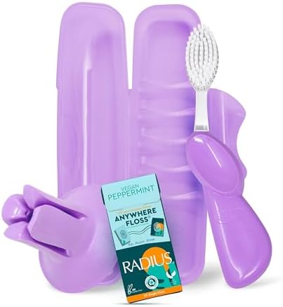 RADIUS Vacation Pastel Bundle, Includes Right Handed Big Brush with Replaceable Head, Toothbrush Travel Case, DOC Toothbrush Holder, Anywhere Travel Floss Packette, Lavender Purple, 4 Piece Bundle by RADIUSCorporation