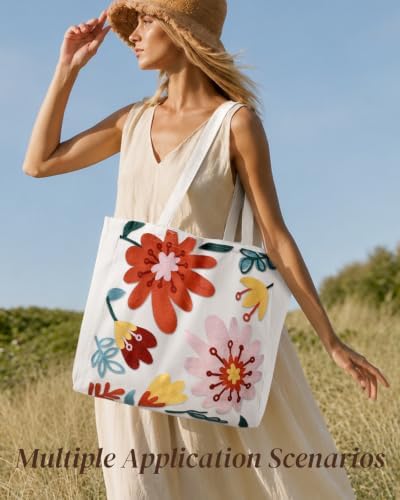 Floral Embroidery Canvas Tote Bag with Magnetic Closure for Daily - Image 6