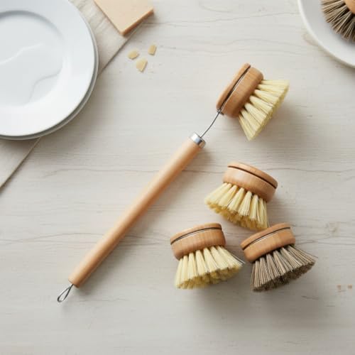Bamboo Dish Brush, Bamboo Dish Brush with Handle, 4-in-1 Kitchen Cleaning Set – Includes 1 Sisal, 2 Sisal Replacement Heads, Coconut Fiber Replacement Head for Pots, Pans, Dishes.. - Image 7