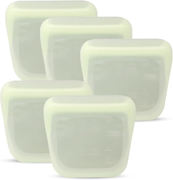purifyou Set of 5 Reusable Silicone Storage Snack Bags 6oz / 16oz / 32oz / 64oz Self-Seal Food Storage Container for Fruits, Vegetables, Sandwiches, Dishwasher Safe & Leak-free (Cream, 6oz)