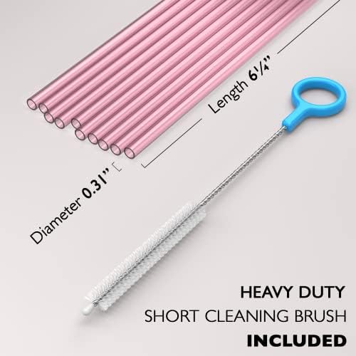 Fiesta First 10 Short Reusable Hard Pink Plastic Drinking Straws, Medium Width + Sturdy Cleaning Brush - for Cocktails, Small Cups, Kids Drinks - Dishwasher Safe BPA Free - Image 2