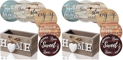 Queekay Coasters Set of 6 House Warming Gifts, Wooden Farmhouse Drink Coasters with Holder 4'' Funny Decoration for Kitchen Family Coffee Bar Tabletop Protection(Farmhouse Color) (Pack of 2) by Queekay