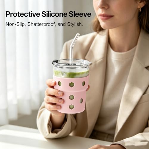 Mrsdry 12oz Iced Coffee Cup with Lids and Straws, BPA Free Reusable Glass Coffee Cups with Silicone Sleeves for Coffee, Iced tea, Thick Wall Glass Cup - Image 6