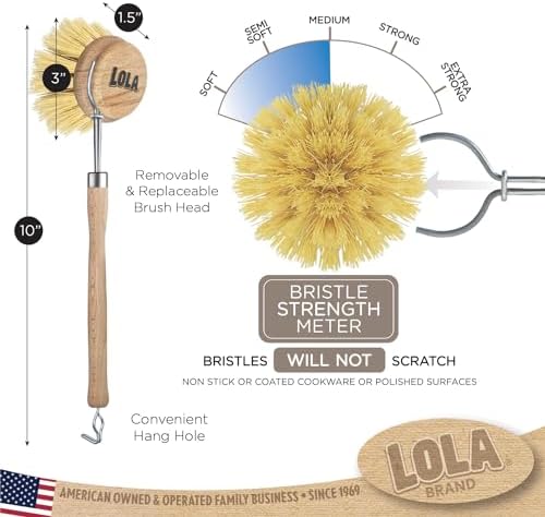 LOLA Dishwashing & Vegetable Brush The Original, 6 Pack, 3" Head, Sustainable Wood Handle w/Tampico Fiber Bristles, Safe for Non-Stick Pans, Dishes, Cast Iron Skillet - Easy Head Only Replacement - Image 6