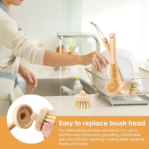 2 Pack Kitchen Dish Brushes, Dish Scrubber with Replacement Brush Head, Bamboo Dish Scrub Brush for Kitchen Cleaning Dishes, Pots, Pans, Bottles, Vegetables - Image 6