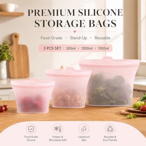 Reusable Silicone Food Storage Bags, 3 Pack 17/34/50 oz, Snack & Meal Prep(Pink) - Image 5