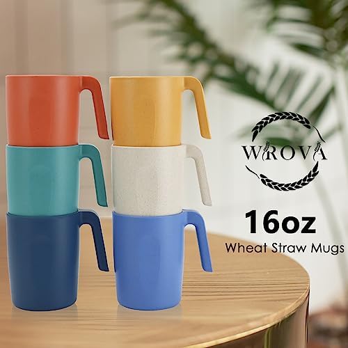 Wrova 16oz Wheat Straw Cups with handles set of 6-Plastic Cups Reusable-Unbreakable Kids Mugs-Dishwasher Safe & Microwave Safe-Ideal Plastic Mugs for Tea,Coffee,Camping,RV-Vibrant Color - Image 6