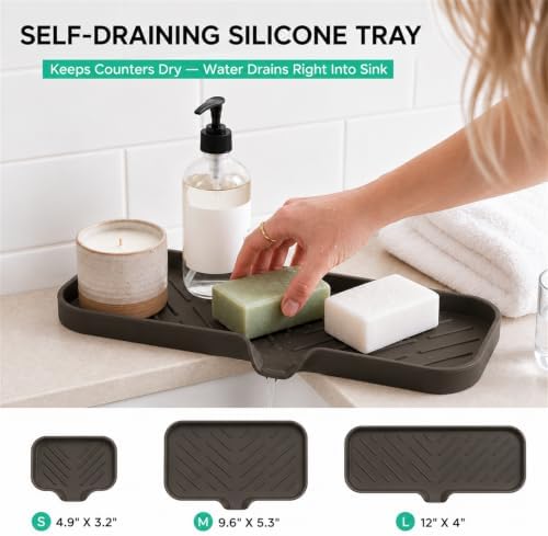 MicoYang Silicone Soap Dish with Drain Spout — Self-Draining Double Sink Organizer Tray for Kitchen & Bathroom, Dispensers, Sponges & Soap Holder, Non-Slip & Dishwasher Safe, Coffee (Large, 12"×4") - Image 6
