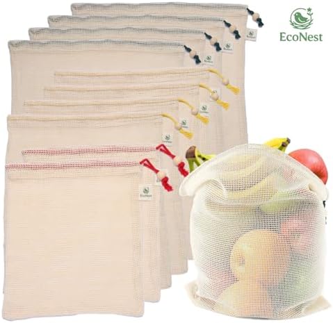 Reusable Cotton Produce Bags (10 Pack + 1 Premium Stotage Pouch) - Organic Cotton Mesh Bags for Fruits & Vegetables, Washable, Double-Stitched, Tare Weight, Eco-Friendly Storage (4L, 4M, 2S) - Image 7