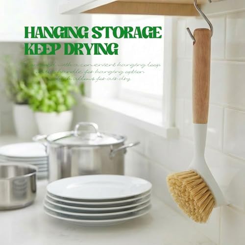 Dish Brush with Handle Wood Built-in Scraper, Scrub Brush for Pans, Pots, Saucepan, Kitchen Brushes for Sink and Stove, Yellow - Image 6