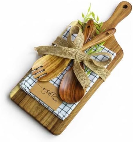 ZeQi Acacia Wood Cutting Board Gift Set, Perfect Housewarming Gift, Ideal Holiday Gift, Premium Wooden Serving Board with Salad Spoon & Fork, Linen-Look Napkin, Kitchen Utensil Set for Serving, Decor - Image 7