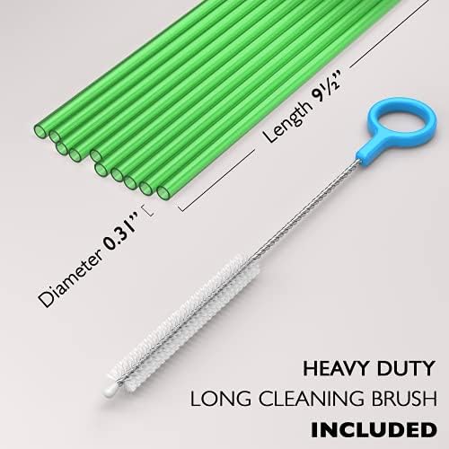 Fiesta First 10 Long Reusable Hard Green Plastic Drinking Straws, Medium Width + Sturdy Cleaning Brush - for Tumblers, Mason Jars, Smoothies and Milkshakes - Dishwasher Safe BPA Free - Image 2