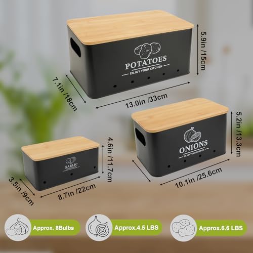 Kitchen Vegetable Storage Set of 3, Metal Onion Garlic Potato Storage Set, Kitchen Canisters Vegetable Keeper Containers with Aerating Holes and Bamboo Lid,Black - Image 6