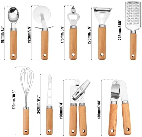 Stainless Steel Kitchen Gadget Set – 9 PCS Western Cooking Utensil & Tool with Wooden Handle: Pizza Cutter, Garlic Press, Can and Bottle Opener, Ice Cream Scoop, Peeler, Cheese Grater and Knife, Whisk - Image 6
