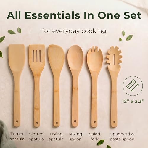 Wooden Spoons for Cooking, 6 Pcs Bamboo Utensil Set – Nonstick Safe - Image 6