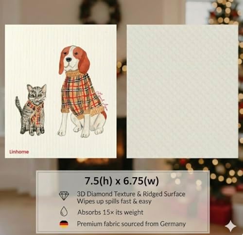 Christmas Holiday Swedish Dishcloth, Cats & Dogs Collection, Reusable Paper Towel, Super Absorbent Cellulose Sponge, Washable Kitchen Cleaning Cloth (Cat & Dog Holiday - 1 Pack) - Image 3