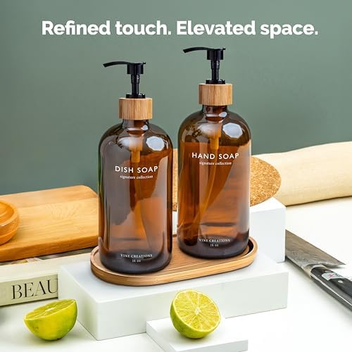 Vine Creations Amber Glass Soap Dispenser Set, Hand Soap and Dish Soap Dispenser Set with Bamboo Tray, 16 oz Glass Dispensers Bottle for Kitchen and Bathroom Decor Modern Boho with Bamboo Pump (Amber) - Image 6