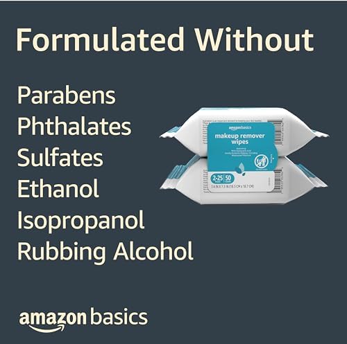 Amazon Basics Makeup Remover Wipes, Hydrating Facial Cleansing, Hyaluronic Acid, Dermatologist Tested, Plant Based, Alcohol-Free, Removes Waterproof Mascara, 25 Count, 2-Pack - Image 4