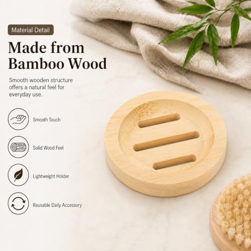 Bamboo Soap Dish for Bar Soap, Raised Wooden Holder with Drain Slots,Round Bamboo Soap Dish - Image 7