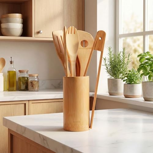 Naturoom Kitchen Utensils Set of 8 PCS, 12Inches Bamboo Wooden Cooking Spoon & Spatula Tools Perfect for Non-Stick Cookware (Bamboo 12inches) - Image 6