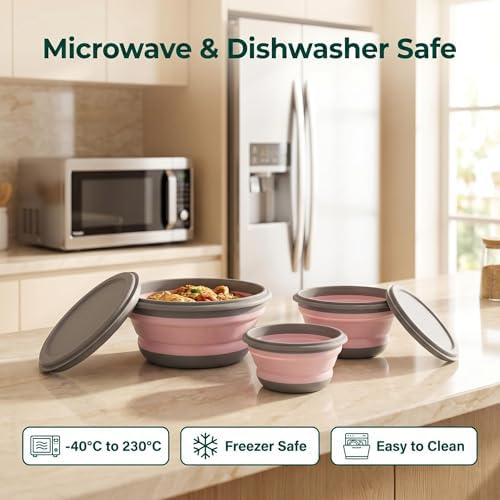 Collapsible Silicone Bowls with Lids, 3 Pack Food Grade Foldable Camping Bowl Set, Portable Travel Bowls for Salad, Ramen, Lunch, Outdoor Collapsible Food Storage Containers - Image 6