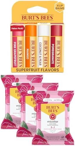 Burt's Bees Bundle - Superfruit Lip Balm, Grapefruit, Mango, Coconut & Pear, Pomegranate 4 Tubes, 0.15 oz + Rose Water Face Wipes, Micellar Makeup Remover & Facial Cleansing Towelettes, 30 Ct (3-Pack) by BurtsBees
