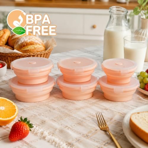 Plus 6PCS Foldable Silicone Food Storage Containers for Kitchen Storage for Leftovers Fruits and Meal Prep Dishwasher Safe Microwave Safe Ideal for Home and Travel (Pink, round) - Image 4