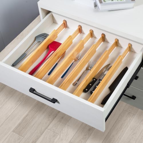 VaeFae 6-Pack Adjustable Bamboo Drawer Dividers, Expandable Drawer Organizer for Kitchen Utensils, Clothes, Bathroom, Office – Fits Drawer Interiors 16.6" to 21.8" - Image 7