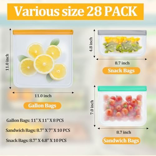 28 Pack Reusable Freezer Bags Food Storage Bags, BPA Free Reusable Bags, Food Storage Containers for Meal Prep Containers, Salad Fruit,Vegetables, Dishwasher Safe, 8 Gallon 10 Sandwich 10 Snack - Image 7
