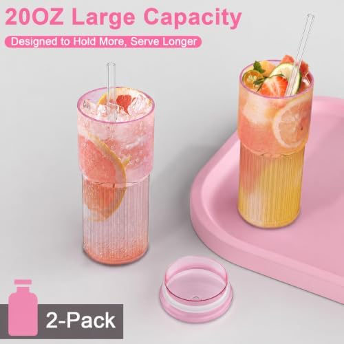 Luiaiog 20oz Glass Cups with Lids and Straws - Set of 4 Reusable Tumblers, Thickened Shatter-Resistant Glass, Ideal for Iced Coffee, Smoothies, Cocktails, Juices - Elegant & Durable Drinkware (Pink) - Image 6