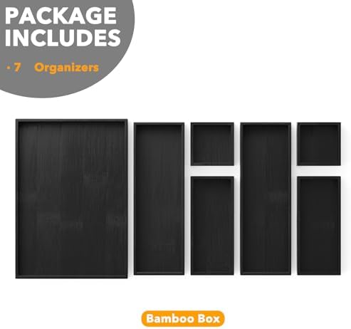 SpaceAid 7-Piece Bamboo Drawer Organizer Storage Boxes Set, Wood Tray Junk Drawer Organizers Multi-Use Divider Bins for Kitchen, Bathroom, Office Desk and Makeup Organization (7 Pack, Black) - Image 6
