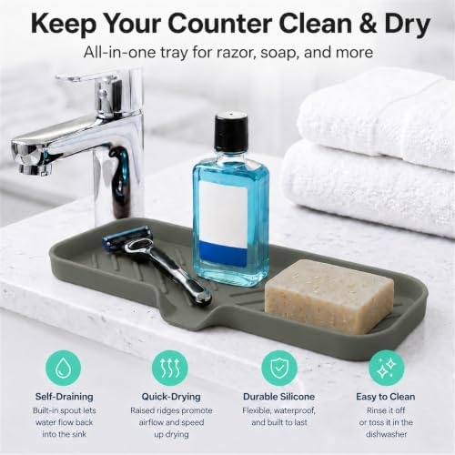 MicoYang Silicone Soap Dish with Drain Spout — Self-Draining Double Sink Organizer Tray for Kitchen & Bathroom, Dispensers, Sponges & Soap Holder, Non-Slip & Dishwasher Safe, Grey (Large, 12"×4") - Image 6