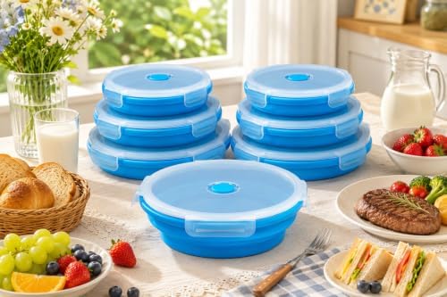 Plus 6PCS Foldable Silicone Food Storage Containers for Kitchen Storage for Leftovers Fruits and Meal Prep Dishwasher Safe Microwave Safe Ideal for Home and Travel (blue, round) - Image 5