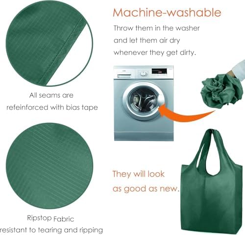 BeeGreen Christmas Green Reusable Grocery Bags Dark Green Reusable Kitchen Bags Bulk Foldable-Machine Washable with Zipper Storage Pouch 50 Packs - Image 7