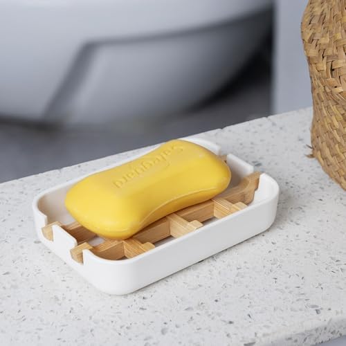 Bamboo Wooden Soap Dishes for Shower, White - Image 6