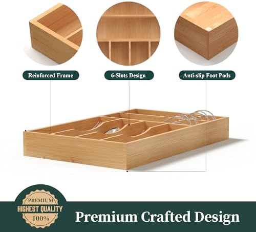 Silverware Organizer, Bamboo Kitchen Drawer Organizer, Utensil Holder, Cutlery Tray & Spoon Flatware Storage with Grooved Drawer Dividers (10''W x 16''D) - Image 6