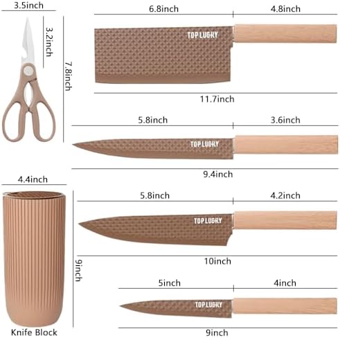 Knife Set, Wiztoynia 6-Piece Coffee Kitchen Knife Set for Home, Anti-Rust Non-stick Stainless Steel Sharp Chef Knife Set with Universal Knife Block for Kitchen, Ergonomical Design (Coffee) - Image 6