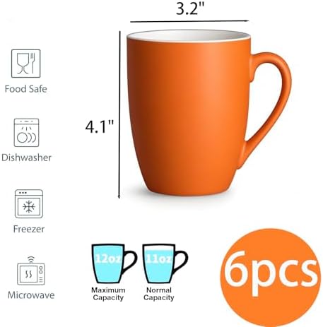 6-Piece 12oz Ceramic Coffee Mugs with Handles, Microwave & Dishwasher Safe, Ideal for Latte, Cappuccino and Hot Tea (Orange) - Image 6