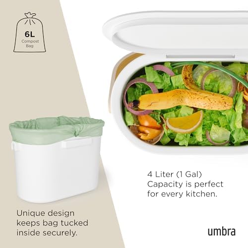Umbra Bellwood Kitchen Compost Bin – White/Natural, Countertop or Cabinet Mounted, 4L Compost Container with Hidden Bag Retainer, BPA-Free & Dishwasher Safe| Bellwood Collection - Image 5