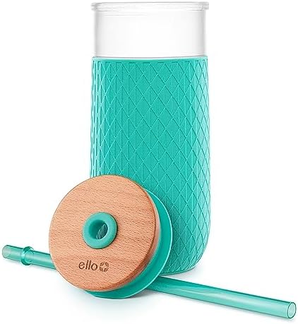 Ello Devon Glass Tumbler , Protective No Sweat Silicone Sleeve and Splash Proof Wooden Detail Lid with Straw, 18 oz - Image 6