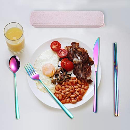AARAINBOW 6 Pieces 18/8 Stainless Steel Flatware Set Portable Reusable Cutlery Set Travel Utensils Set Including Chopsticks Knife Fork Spoon Straws Cleaning Brush Dishwasher Safe (Multicolored) - Image 6