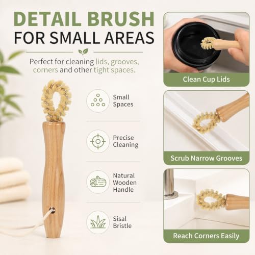 9PCS Bamboo Dish Brush Set with Bottle Brush and Straw Brushes - Image 7