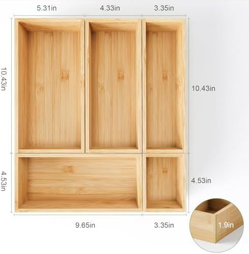 Bamboo Drawer Organizer Boxes, 5 PCS Junk Drawer Organizer, Wooden Storage Trays for Kitchen, Bathroom, Office, Makeup - Image 7