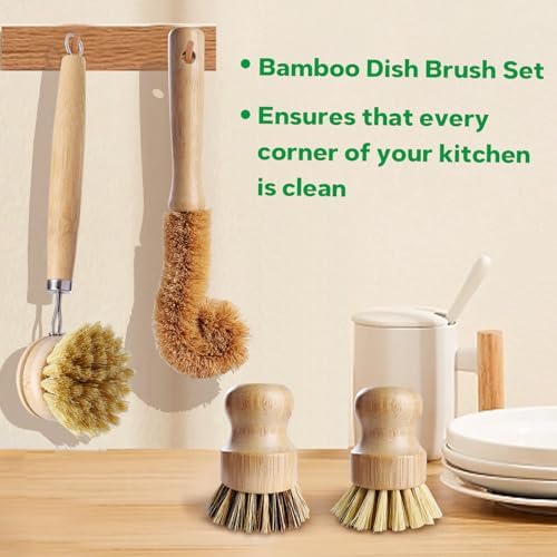 Bamboo Dish Brush Set - 5 Packs Natural Wooden Kitchen Brush, 4 Dish Scrubbers with One Replacement Head, Cleaning for Pots, Bottles and Vegetables - Image 6
