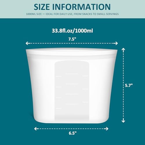 Small Reusable Silicone Food Storage Bags 4 Pack, 33fl oz/1000ml, 100% Silicone Stand-Up Wide-Open Zip-Lock Reusable Bags for Small Items, Microwave Freezer Oven Dishwasher Safe, Translucent - Image 6