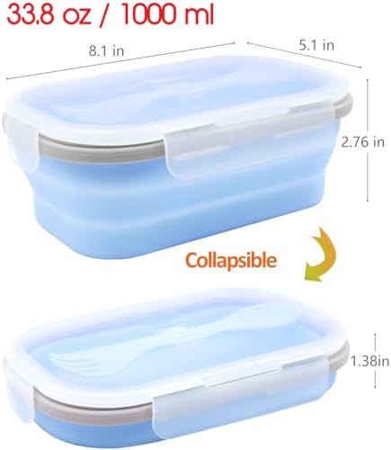 2 Pack Collapsible Silicone Bento Lunch Boxes With Lids Spoon Fork, 33.8oz, Meal Prep Food Storage Containers, Durable, Safe in Microwave, Dishwasher and Freezer, BPA Free (Blue and Green) - Image 6